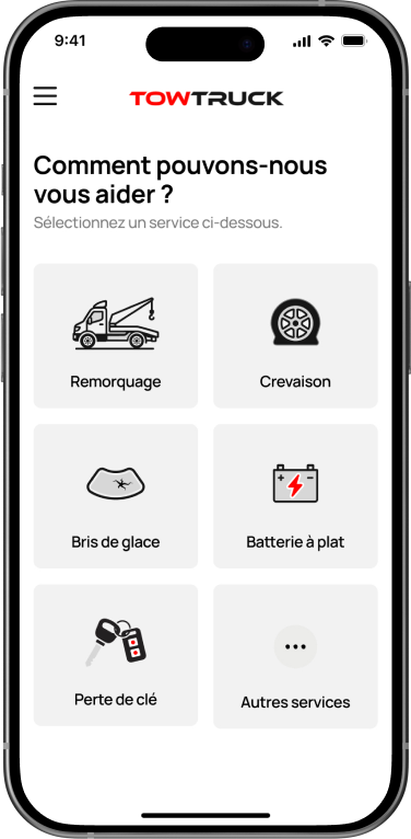 Écran de choix d’un service dans l’application TowTruck