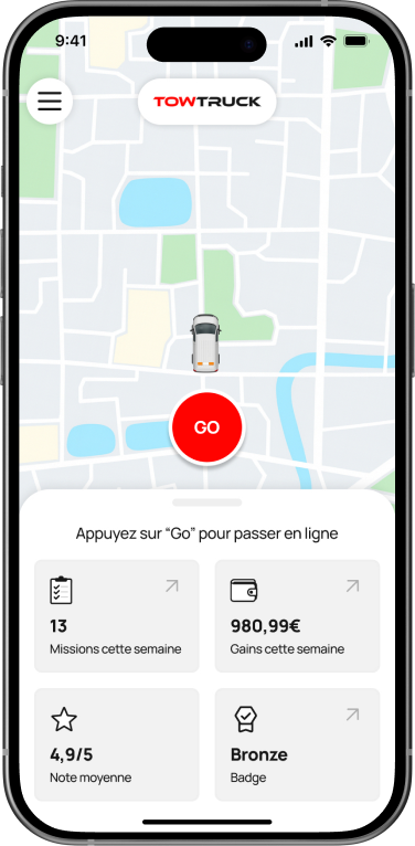 Tableau de bord des missions dans l’application TowTruck Pro
